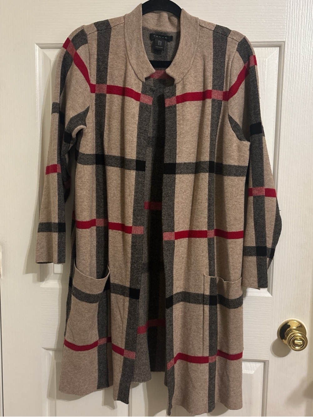 Tahari Beige Plaid Open-Front Cardigan with Red and Black Stripes